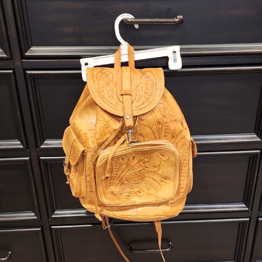 Sergio Tan Leather Backpack with Embossed Design